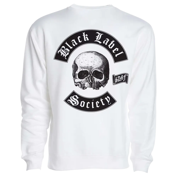 White Crewneck featuring Black Label Society skull logo on back, Berzerkette Colors design