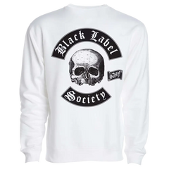 White Crewneck featuring Black Label Society skull logo on back, Berzerkette Colors design