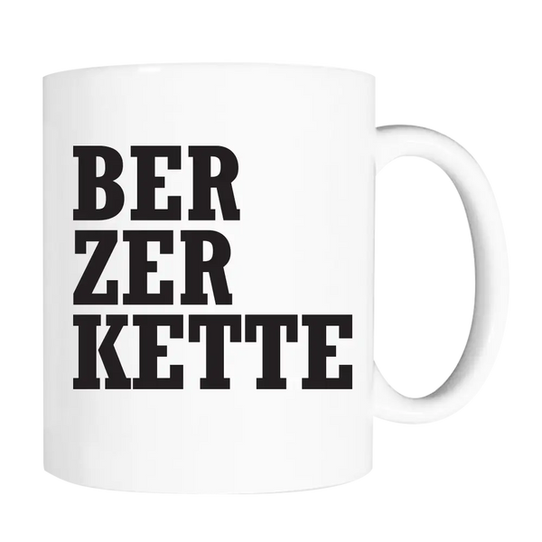 White ceramic mug featuring black text BER ZER KETTE from Berzerkette Colors collection