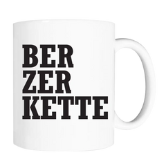 White ceramic mug featuring black text BER ZER KETTE from Berzerkette Colors collection