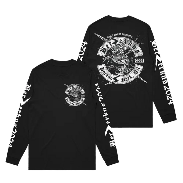 Black Berzerkus 2024 Longsleeve tee with white punk graphics, intended ship date included