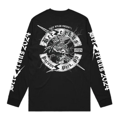 Black Berzerkus 2024 Longsleeve tee with skull and lightning bolt design, intended ship date