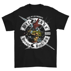 Black Berzerkus 2024 T-Shirt with skeleton guitarist graphic, ship date October 7th