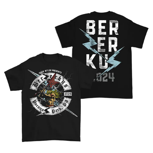 Two black graphic t-shirts for Berzerkus 2024 with ship date October 7th