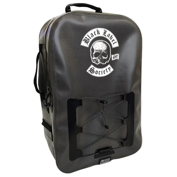 Dark gray Black Label Society dry backpack with skull logo and bungee cord straps