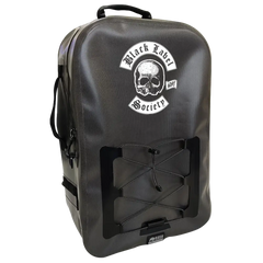 Dark gray Black Label Society dry backpack with skull logo and bungee cord straps