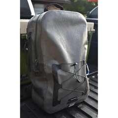 Weathered gray Black Label Society Dry Backpack with bungee cords in front