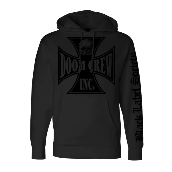 Black Label Society Doom Crew Black On Black Hoodie featuring stylized cross logo design