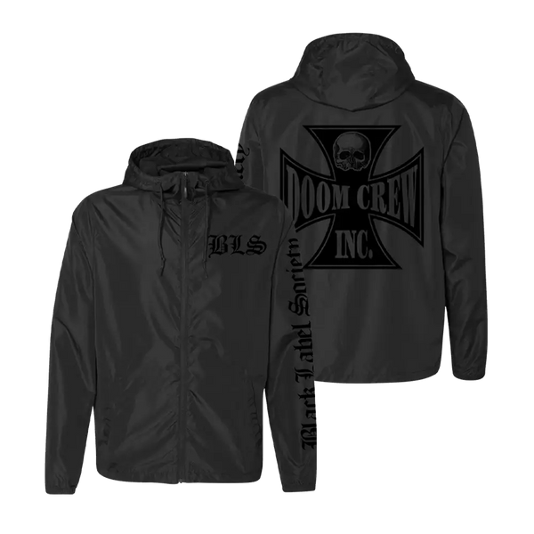 Black hooded windbreaker featuring skull design for Society Doom Crew fans