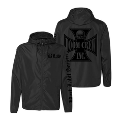 Black hooded windbreaker featuring skull design for Society Doom Crew fans