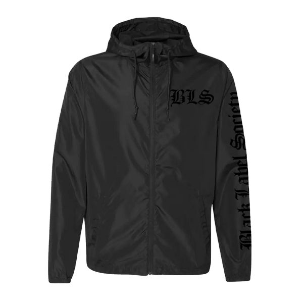 Black hooded jacket with BLS text, part of Society Doom Crew collection