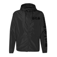 Black hooded jacket with BLS text, part of Society Doom Crew collection