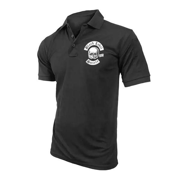 Black Label Society Black Golf Shirt featuring a skull logo on a black polo shirt