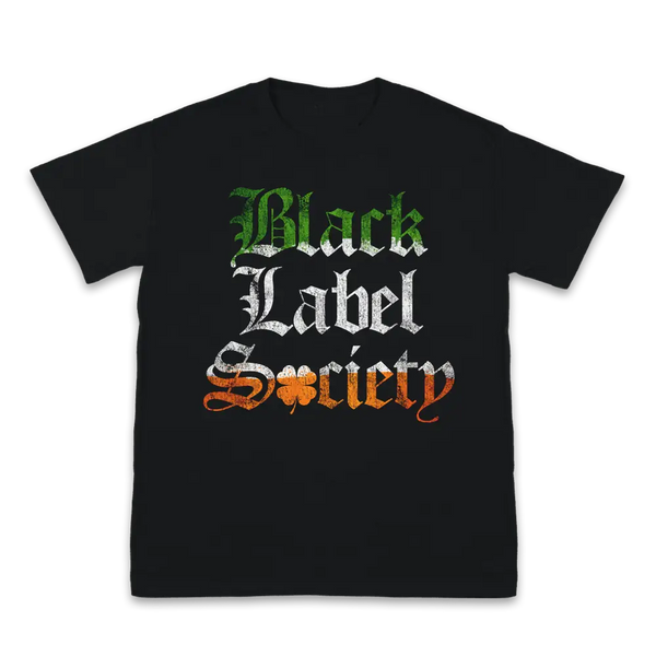 Black Label Society Irish Flag Tee featuring green, white, and orange gothic lettering