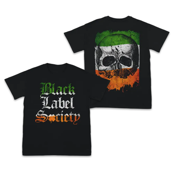 Black Label Society Irish Flag Tee featuring skull graphic and bold text design