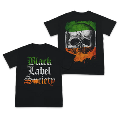 Black Label Society Irish Flag Tee featuring skull graphic and bold text design