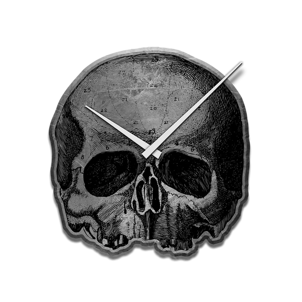 Skull-shaped clock with white hands on a textured surface by Black Label Society