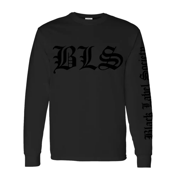 Black long sleeve t-shirt featuring BLS in gothic lettering and sleeve text design