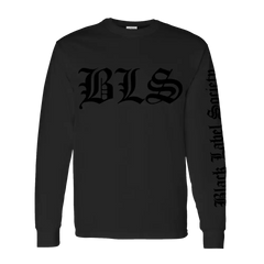 Black long sleeve t-shirt featuring BLS in gothic lettering and sleeve text design