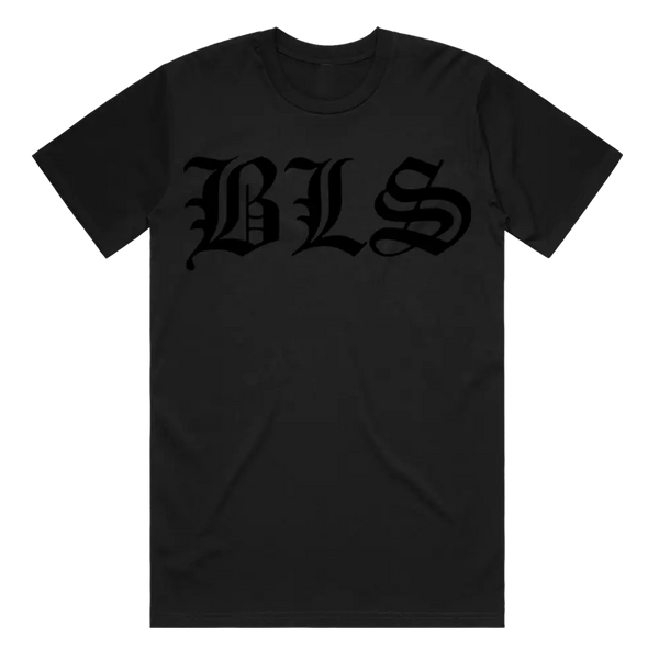 Black Label Society SDMF Black On Black Tee featuring gothic BLS lettering on front