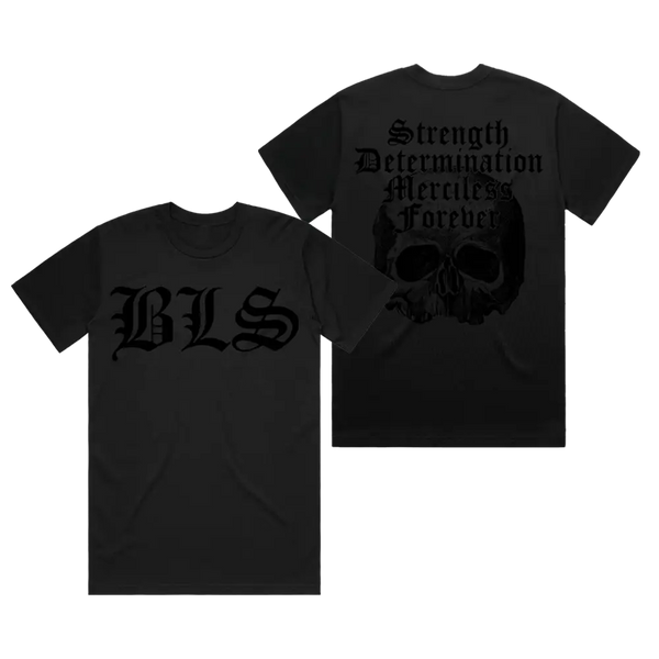 Black Label Society SDMF Black On Black Tee featuring gothic text and skull design