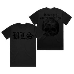 Black Label Society SDMF Black On Black Tee featuring gothic text and skull design