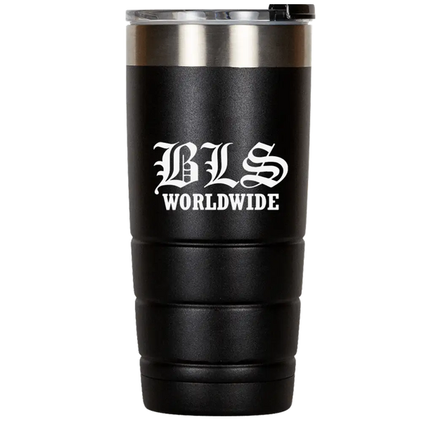 Black insulated tumbler featuring BLS WORLDWIDE from Black Label Society Skull collection