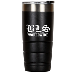 Black insulated tumbler featuring BLS WORLDWIDE from Black Label Society Skull collection