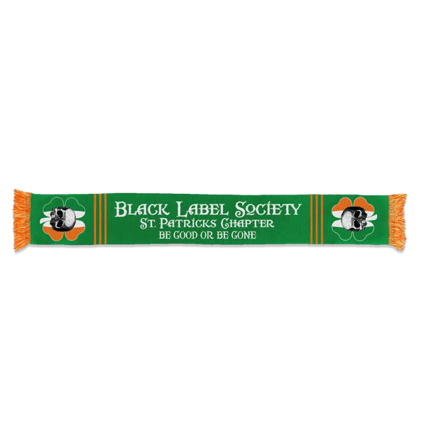 Green and orange scarf featuring Black Label Society Patricks Chapter text and skull logos