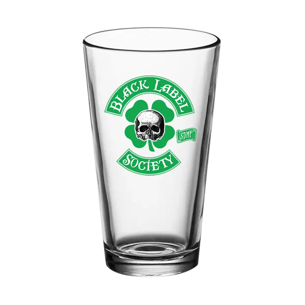 Clear glass pint with green Black Label Society logo featuring skull and clover design