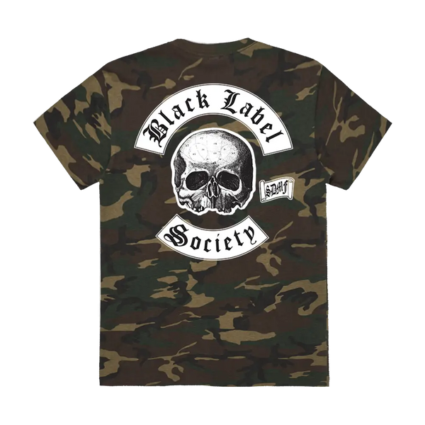 Camouflage T-shirt with skull logo and Black Label Society text for true fans