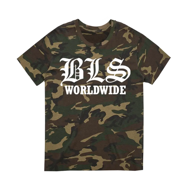 Camouflage t-shirt featuring BLS WORLDWIDE print for Black Label Society fans