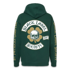 Green Black Label St. Patricks Day Hoodie with skull and clover logo on back