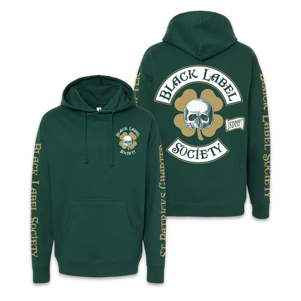 Green Black Label Society St. Patricks Day hoodie with skull and shamrock design