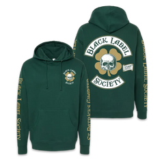 Green Black Label Society St. Patricks Day hoodie with skull and shamrock design