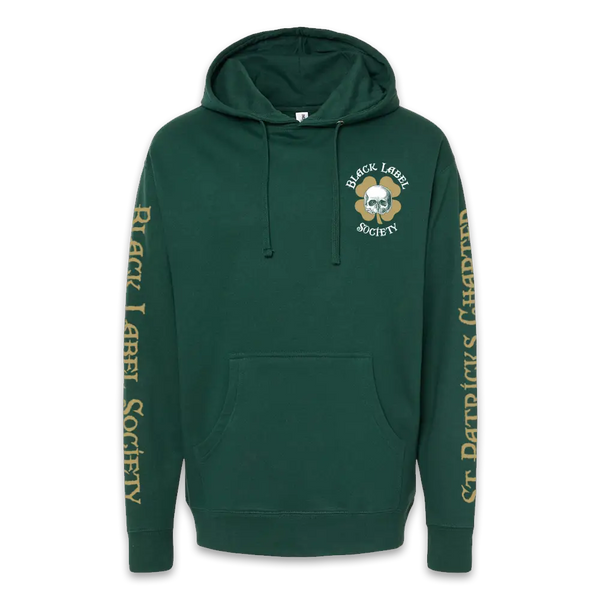 Green Black Label St. Patricks Day Hoodie with skull designs on chest and sleeves