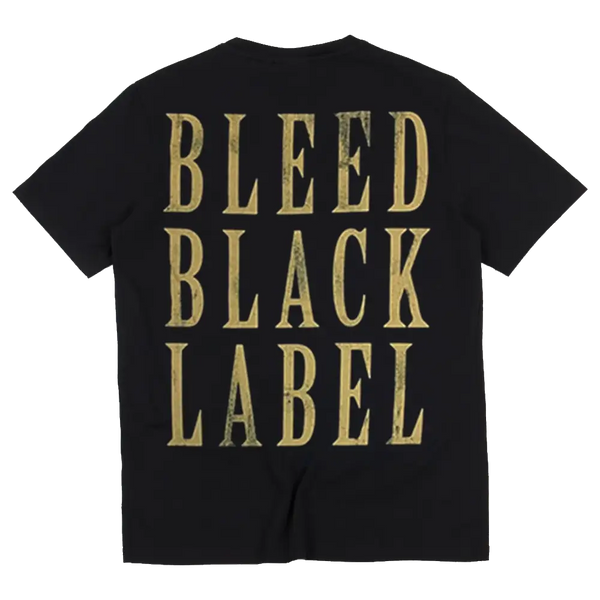 Black t-shirt with gold text Bleed Black Label design for men’s fashion