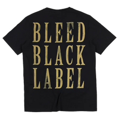 Black t-shirt with gold text Bleed Black Label design for men’s fashion