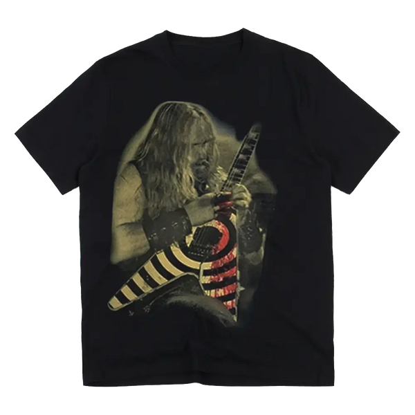 Black t-shirt with rock guitarist and striped electric guitar from Bleed Black Label