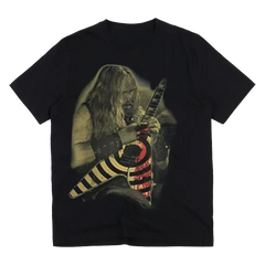 Black t-shirt with rock guitarist and striped electric guitar from Bleed Black Label