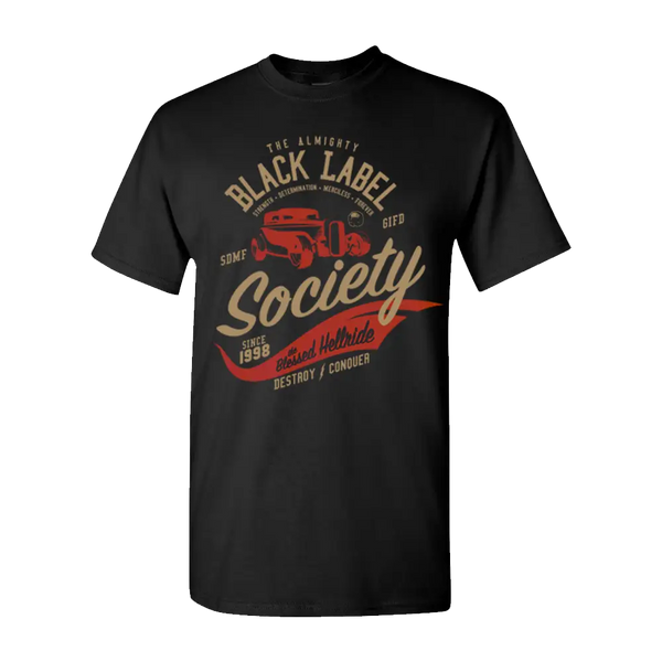 Black T-shirt featuring vintage Black Label Society graphic for Blessed Hellride Rat design