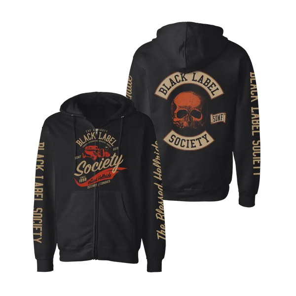 Black zip-up hoodie featuring Black Label Society skull logo for Blessed Hellride Rat design