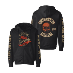 Black zip-up hoodie featuring Black Label Society skull logo for Blessed Hellride Rat design