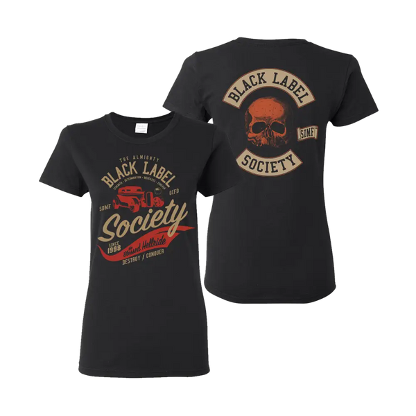 Two black Blessed Hellride Rat Rod t-shirts with skull and text graphics