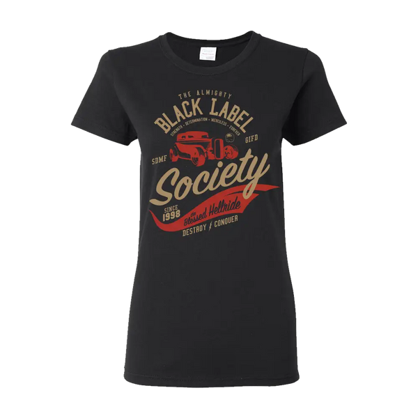 Black T-shirt featuring vintage Black Label Society design with rat rod graphic