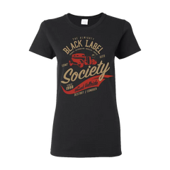 Black T-shirt featuring vintage Black Label Society design with rat rod graphic