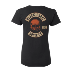 Black Label Society skull logo on Blessed Hellride Rat Rod Women’s Black Tee