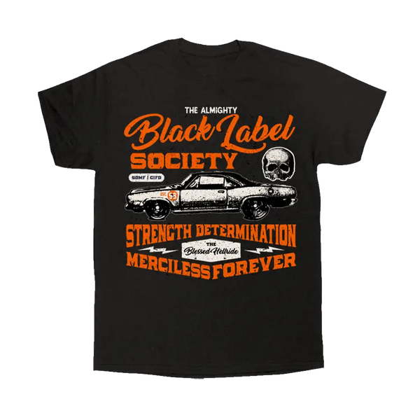 Black Blessed Hellride SDMF Tee featuring classic car and skull graphics in orange and white