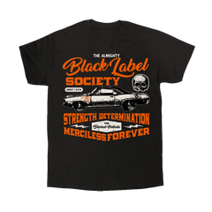 Black Blessed Hellride SDMF Tee featuring classic car and skull graphics in orange and white