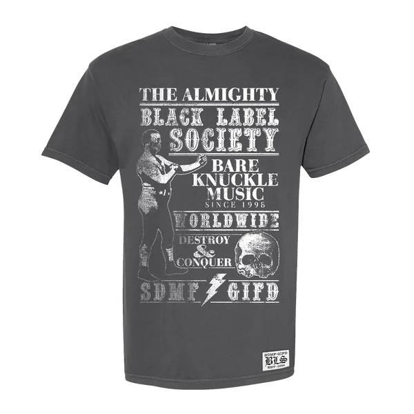 Dark grey BLS Bare Knuckle Music Tee with The Almighty Black Label Society artwork